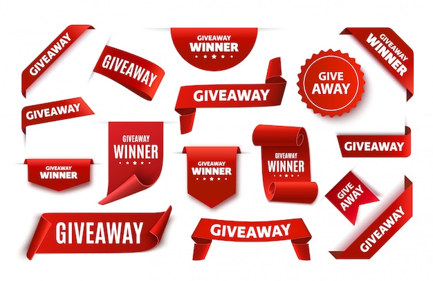 Giveaway tags or labels for social media post. Red announcement 3d banners. giveaway contest ribbons.