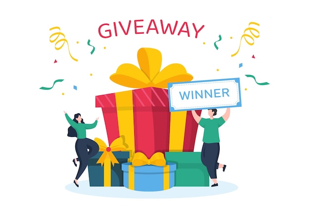 Giveaway Template Hand Drawn Cartoon Flat Illustration with Win a Prize and Gift Box Design