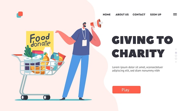 Giving to Charity Landing Page Template Volunteer Character Collect Foodstuffs for Donation Box Man with Shopping Cart