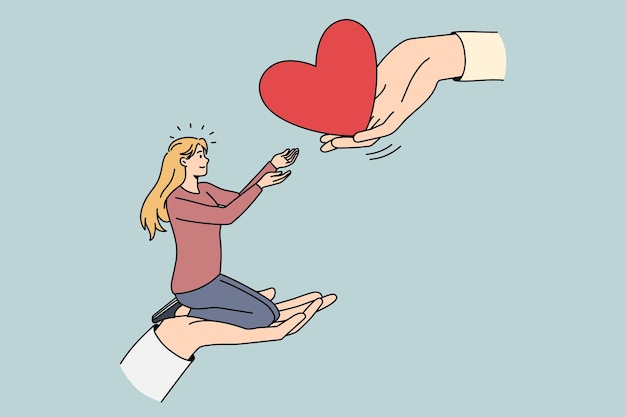 Giving and taking love concept. Young smiling blonde woman sitting on huge hand and taking big red heart from another human hand vector illustration