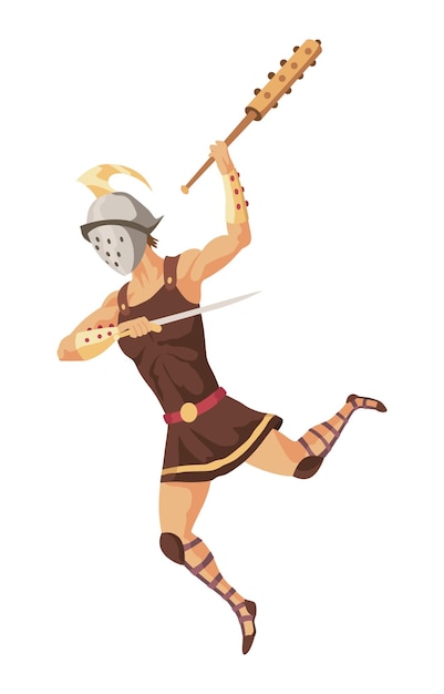 Gladiator fighting Warrior ancient roman armored warrior Ancient history combat show for audience Cartoon vector illustration