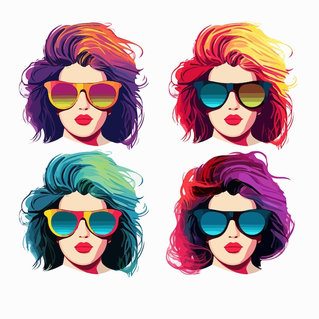 Vector glamorous four colorful hairstyles with trendy sunglasses