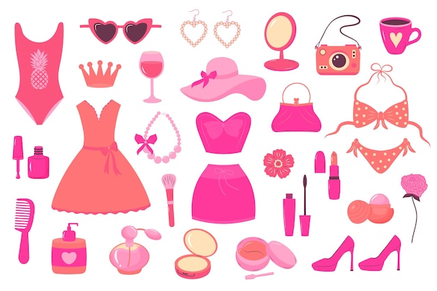 Glamorous trendy pink girl doll stickers set 2000s style collection Accessories clothes cosmetics