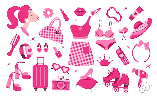 Glamorous trendy pink stickers set Nostalgic 2000s style collection Used to create