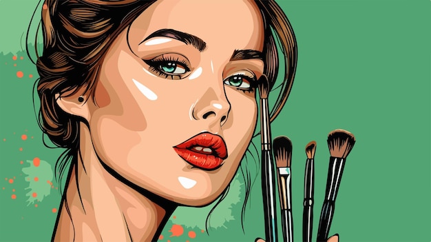 Glamorous Young Woman with Makeup Brushes Blowing a Kiss