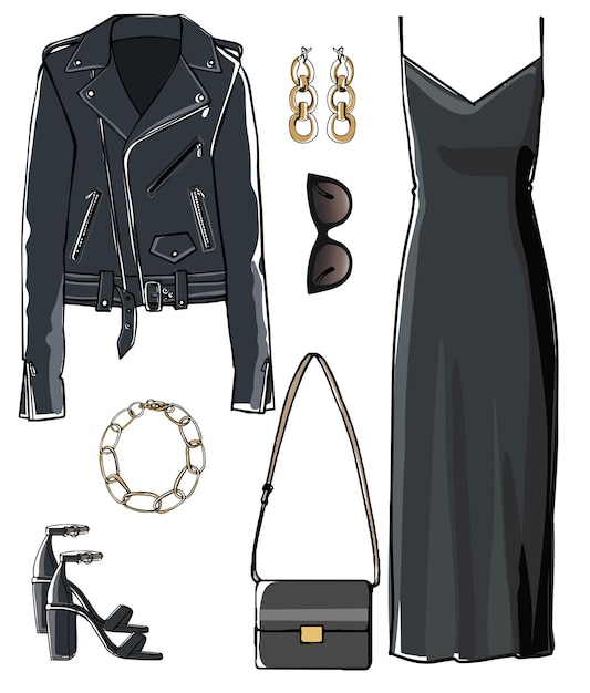 Glamour women apparel, total black look consisting of elegant dress, leather jacket, sunglasses and bags. Accessories for stylish completion of outfit, fashion and trends. Vector in flat style