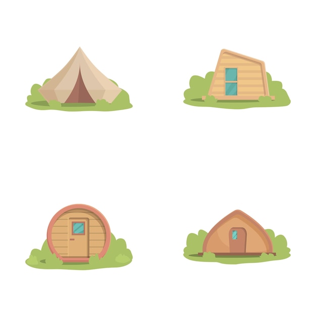 Vector glamping icons set cartoon vector different comfortable glamping tent