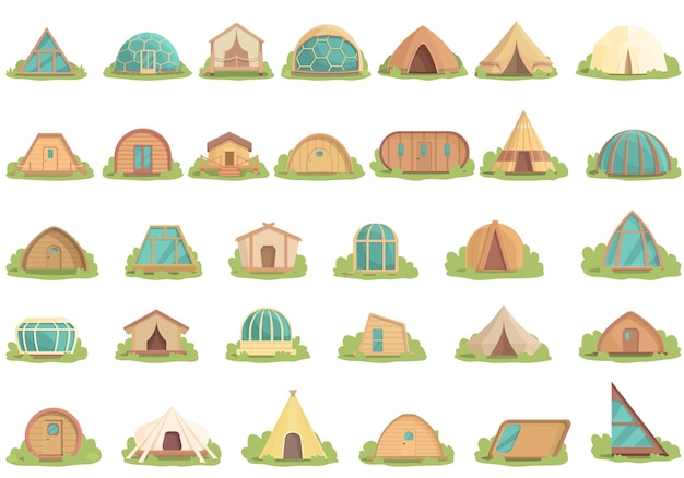 Glamping icons set cartoon vector Tent adventure