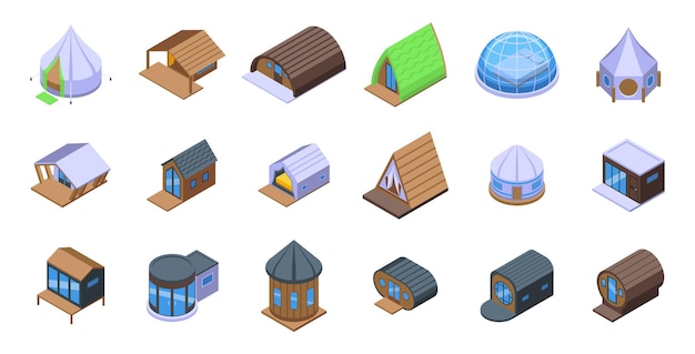 Glamping icons set isometric vector Adventure tent