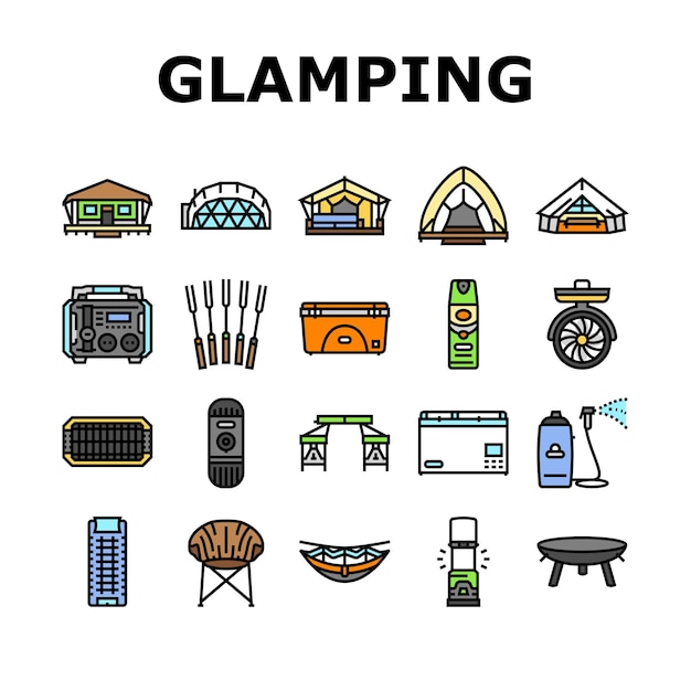 glamping tent nature luxury icons set vector forest africa barbecue glamour camp campfire bubble chair beach vacation glamping tent nature luxury color line illustrations