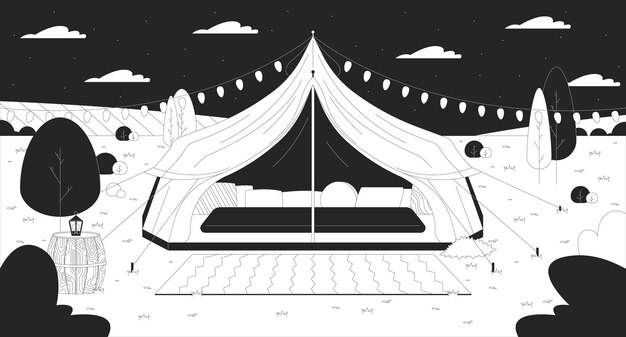 Vector glamping tent starry night sky black and white line illustration