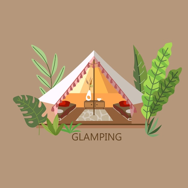 Glamping vector illustration Beautiful picture with marquee and tropical flora