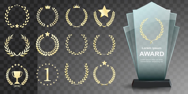 Glass award trophy set Transparent prize template Winner first place concept Vector illustration