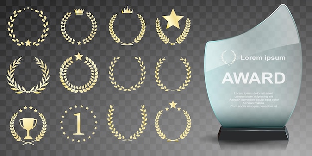 Glass award trophy set Transparent prize template Winner first place concept Vector illustration