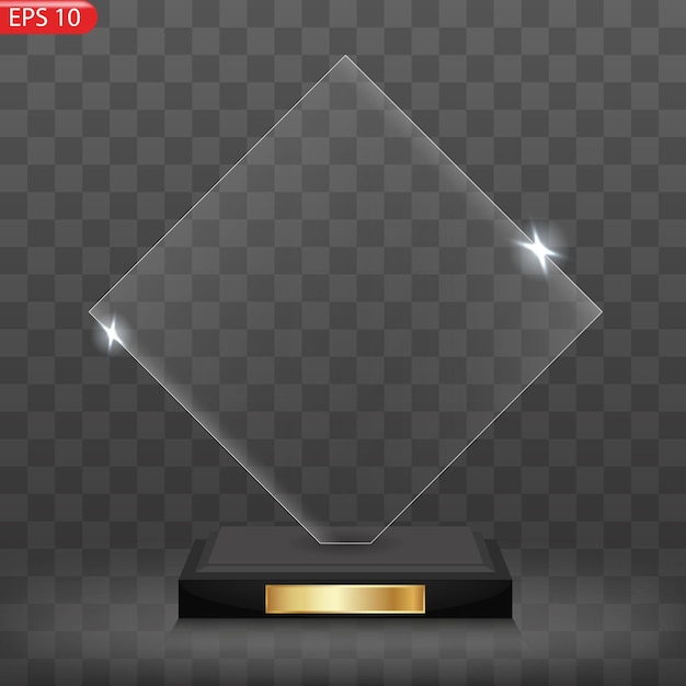 Glass award trophy set. Transparent prize template. Winner first place concept. Vector illustration.