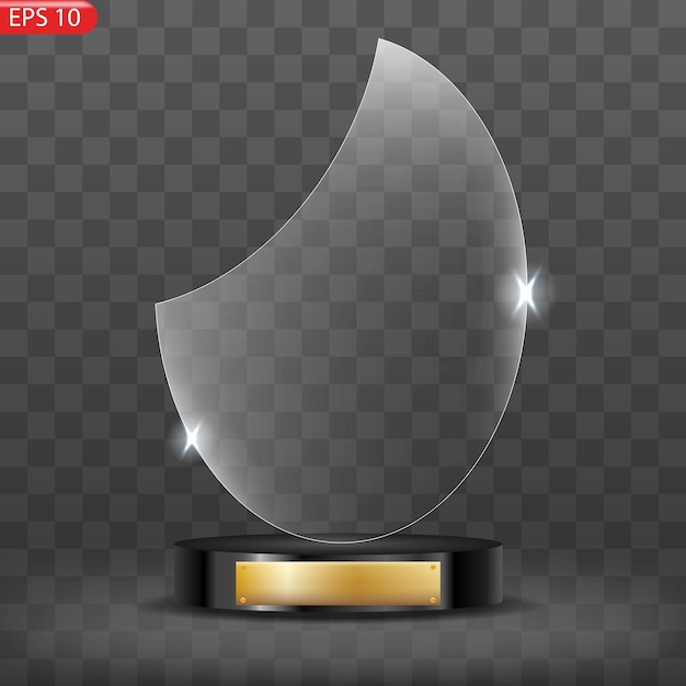 Glass award trophy set. Transparent prize template. Winner first place concept. Vector illustration.