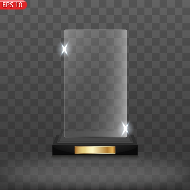 Glass award trophy set. Transparent prize template. Winner first place concept. Vector illustration.