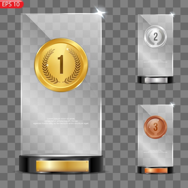 Glass awards. Realistic transparent winner trophy