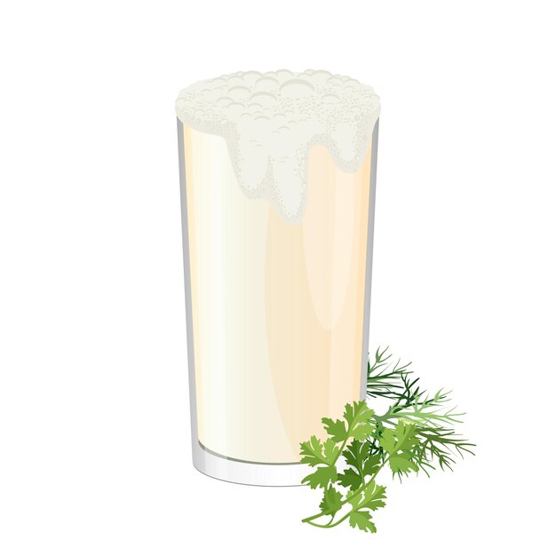 Vector glass of ayran with dill and parsley herbs isolated on white. doogh or tan cold yogurt beverage mixed with salt. refreshing drink made by mixing yogurt with iced water realistic  illustration