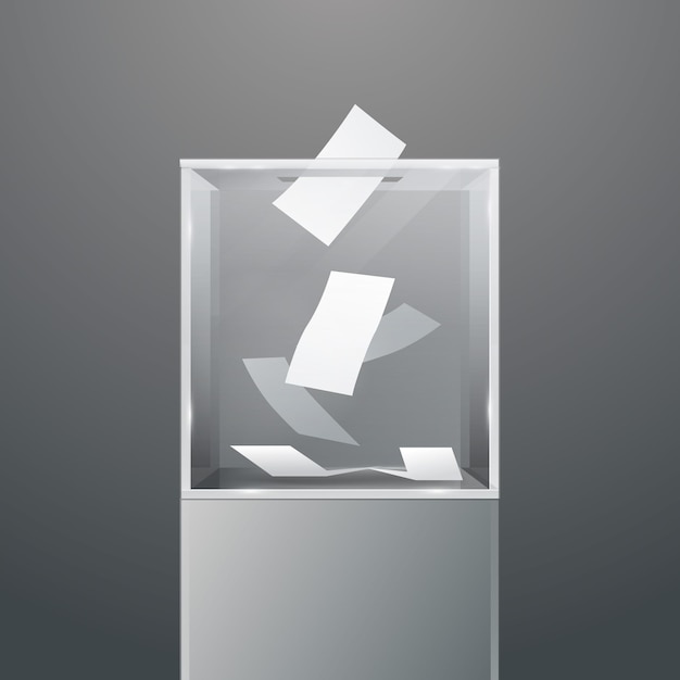 Glass ballot box on podium Voting white paper in hole Transparent voting container with a falling ballot paper