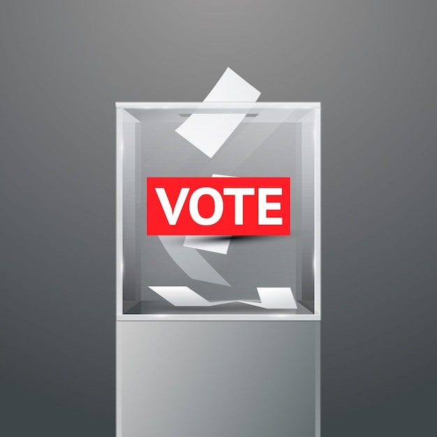 Glass ballot box on podium with text Vote on red Voting white paper in hole Transparent voting container with a falling ballot paper