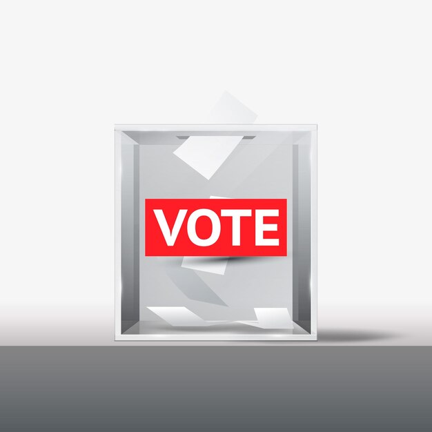 Glass ballot box on table with text Vote on red Voting white paper in hole Transparent voting container with a falling ballot paper