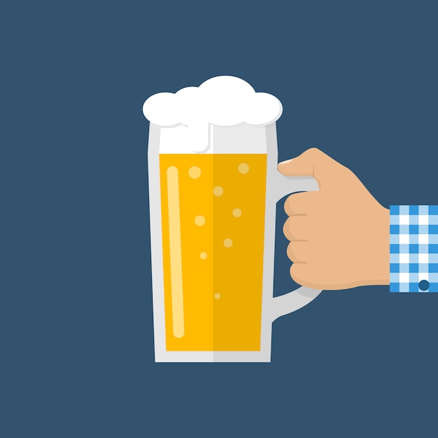 Glass of beer men holding in hand. Mug in hand isolated in flat style