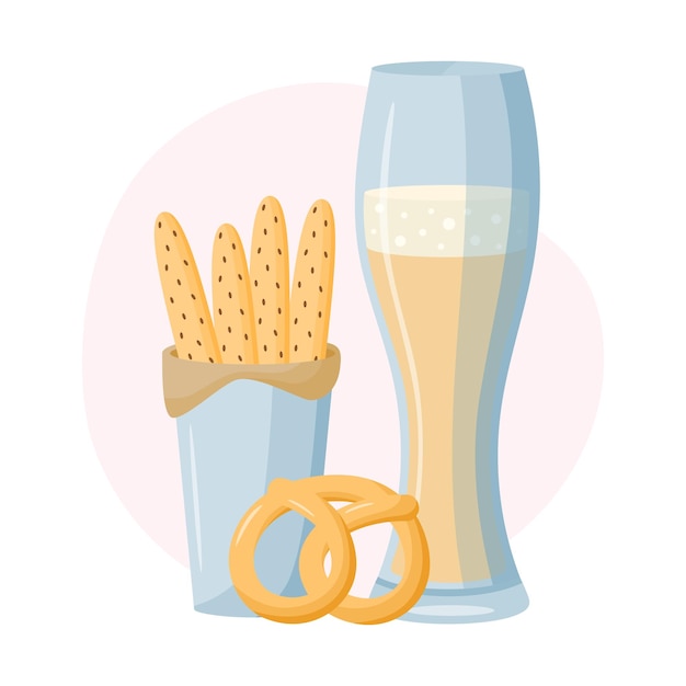 Glass of beer with breadsticks and pretzel Fresh nature drinks