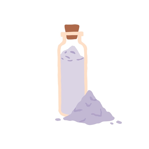 Glass bottle full of aromatic bath salt and heap of crystal powder. Organic cosmetic product with lavender fragrance for spa and beauty. Colored flat vector illustration isolated on white background.