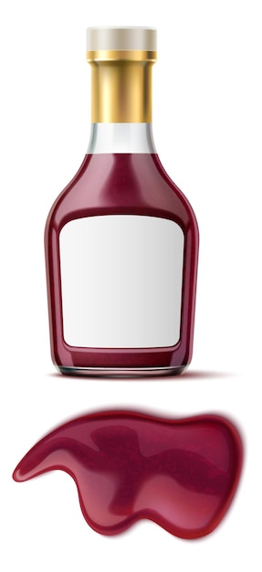 Glass bottle with bbq sauce splash mockup. Package template with blank label