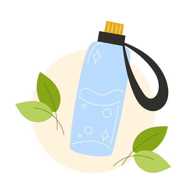 Vector glass bottle with clean water and green leaves ecofriendly and sustainable hydration concept