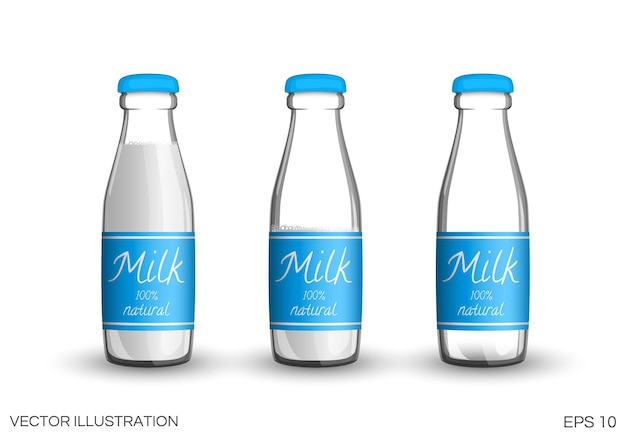 Glass bottles of transparent milk with labels on a white background Full half full Vector