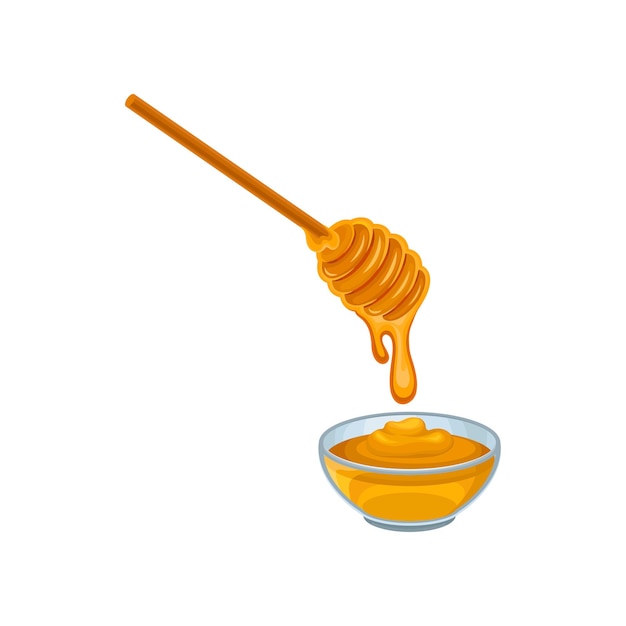 Glass bowl of sweet honey and wooden dipper Organic and healthy product from apiary farm Sweet food Flat vector icon