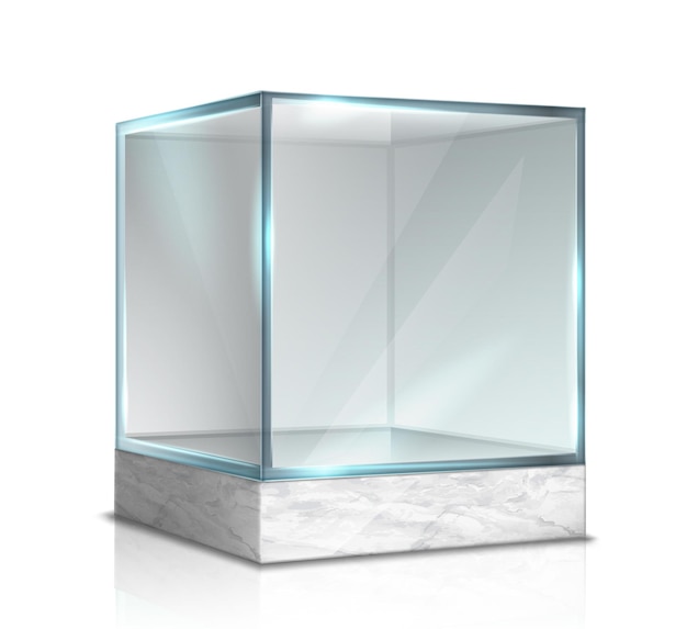 glass box cube for presentation on marble stand Isolated on white