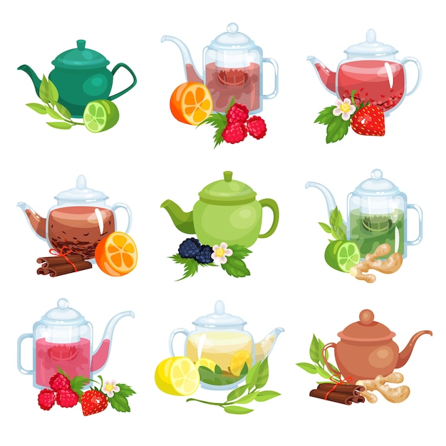 Glass and ceramic teapot set, natural herbal tea with fruits, berries and herbs  Illustrations