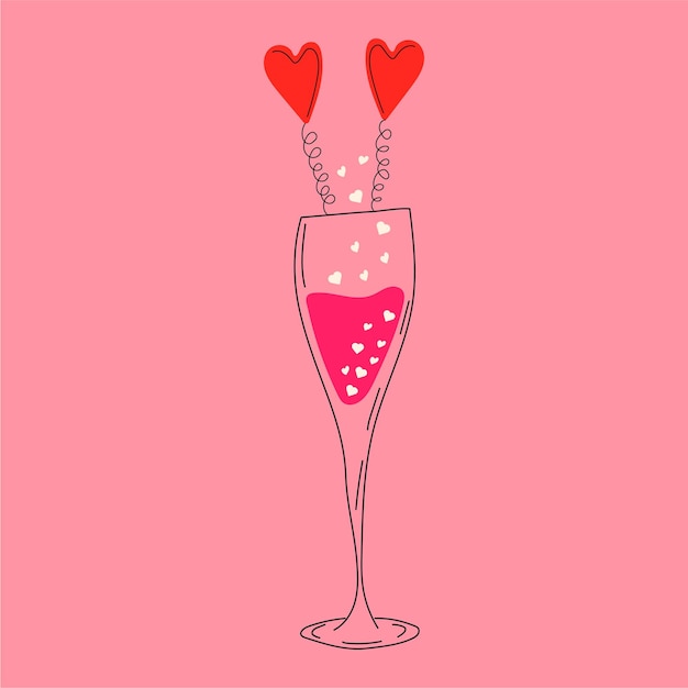 Glass of champagne decorated for Valentine's Day. Love. All elements are isolated