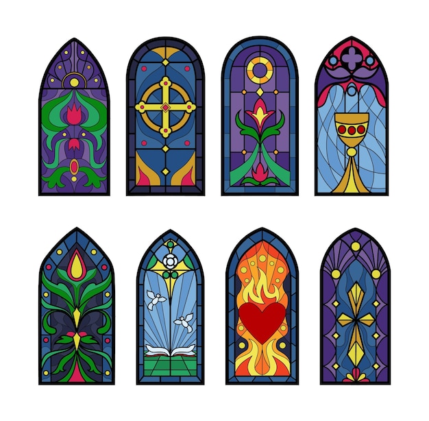 Glass church windows religious icons Catholic christmas frames medieval cross art chapel monastery interior Bright mosaic colorful glasses in gothic style Vector image tidy background