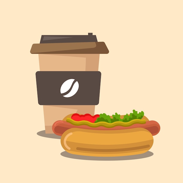 A glass of coffee and a hot dog Quick snack Fast food Flat style vector illustration