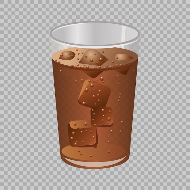 A glass of cola with ice cubes on transparent background