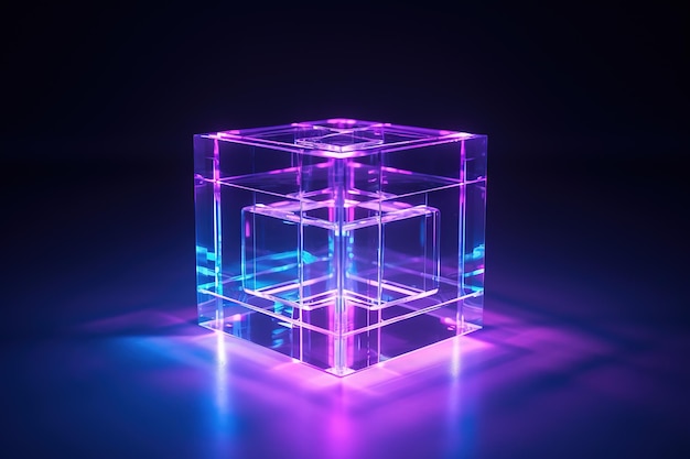 Glass Cube with refraction effect Colorful glass reflections 3d rendering illustration