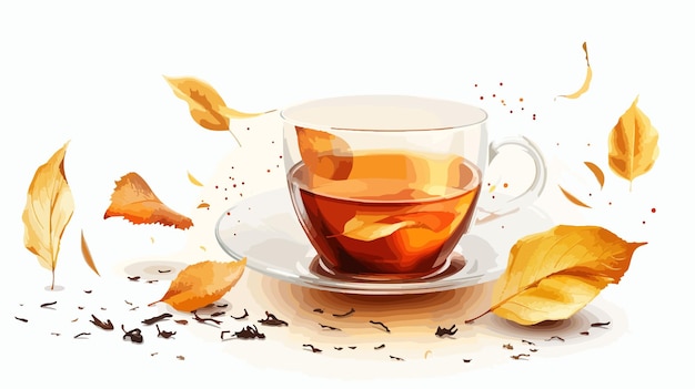 Glass Cup of Black Tea and Dry Leaves on White Background