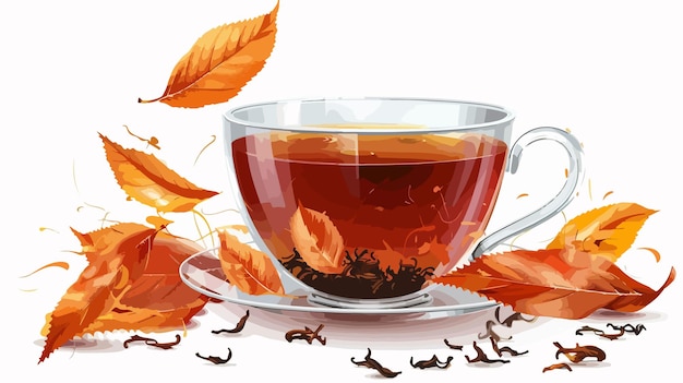 Glass Cup of Black Tea and Dry Leaves on White Background