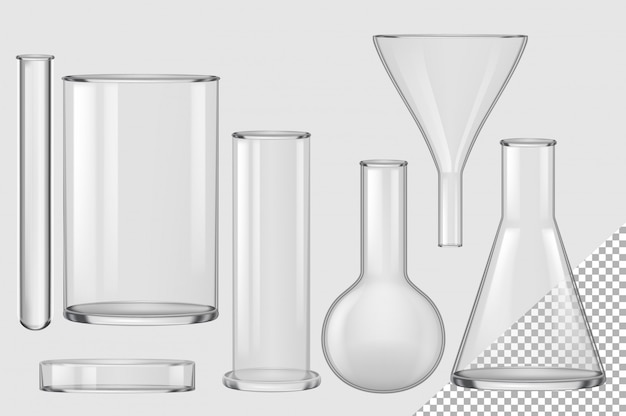 Glass flask.  realistic empty chemical filter funnel, bulb, test tube, beaker, petri dish collection.  chemistry and biology laboratory glass flask glassware equipment