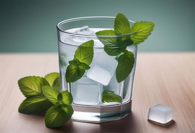 Vector a glass of ice cubes with mint leaves on a table