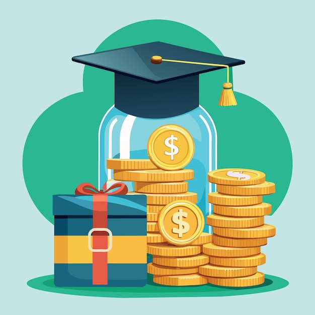 glass jar bottles with full of coins labeled as Education and graduates hat on stack of coins using