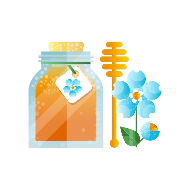 Glass jar of honey and blue flower natural herbal organic product vector Illustration isolated on a white background