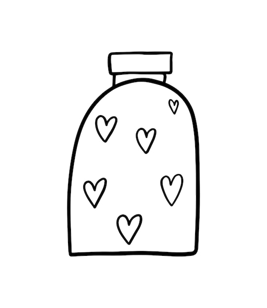 Glass jar with cork with hearts inside love symbol doodle linear cartoon coloring