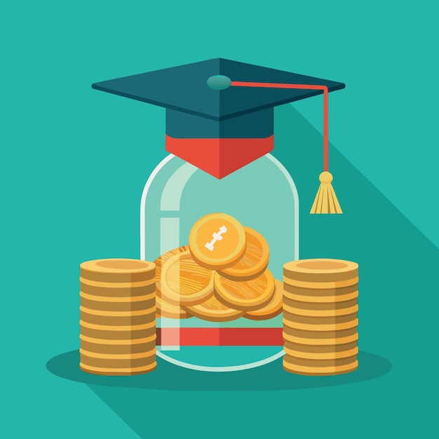 glass jar with full of coins and graduates hat label as Education education and stack of coins or