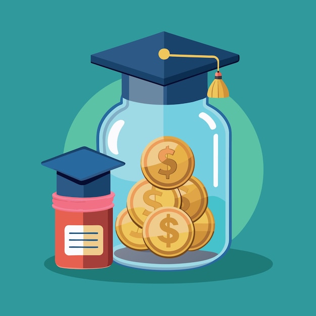 glass jar with full of coins and graduates hat label with Piggybank and stack of coins as Education