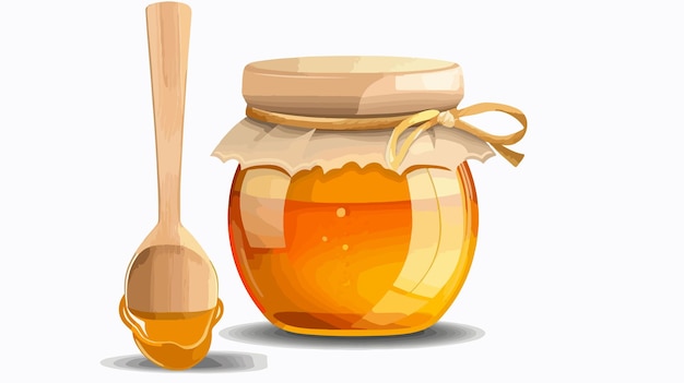 Glass Jar with Honey and Wooden Spoon on White Background